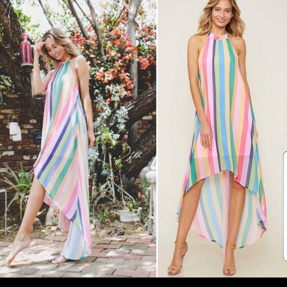 Fantastic Fawn Rainbow Hi-living High Low Halter Backless Dress Size Large